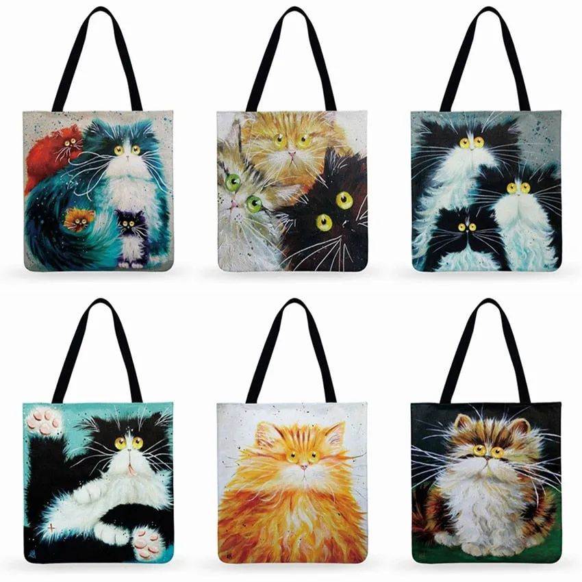 Trendy Cat Printed Casual Tote Handbag