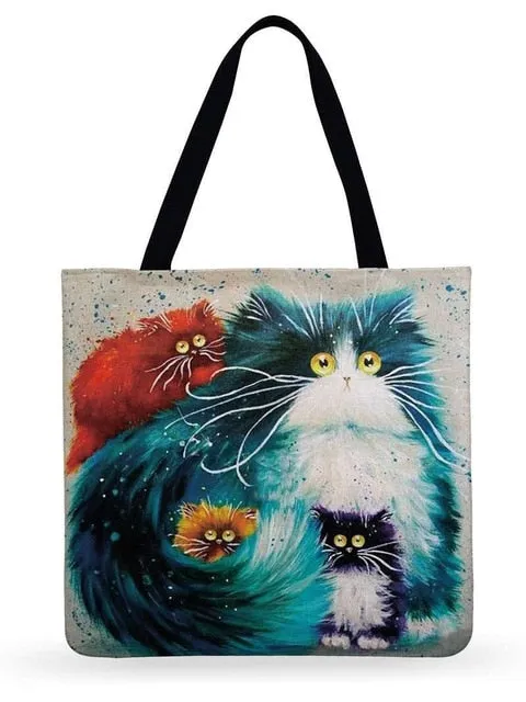 Trendy Cat Printed Casual Tote Handbag