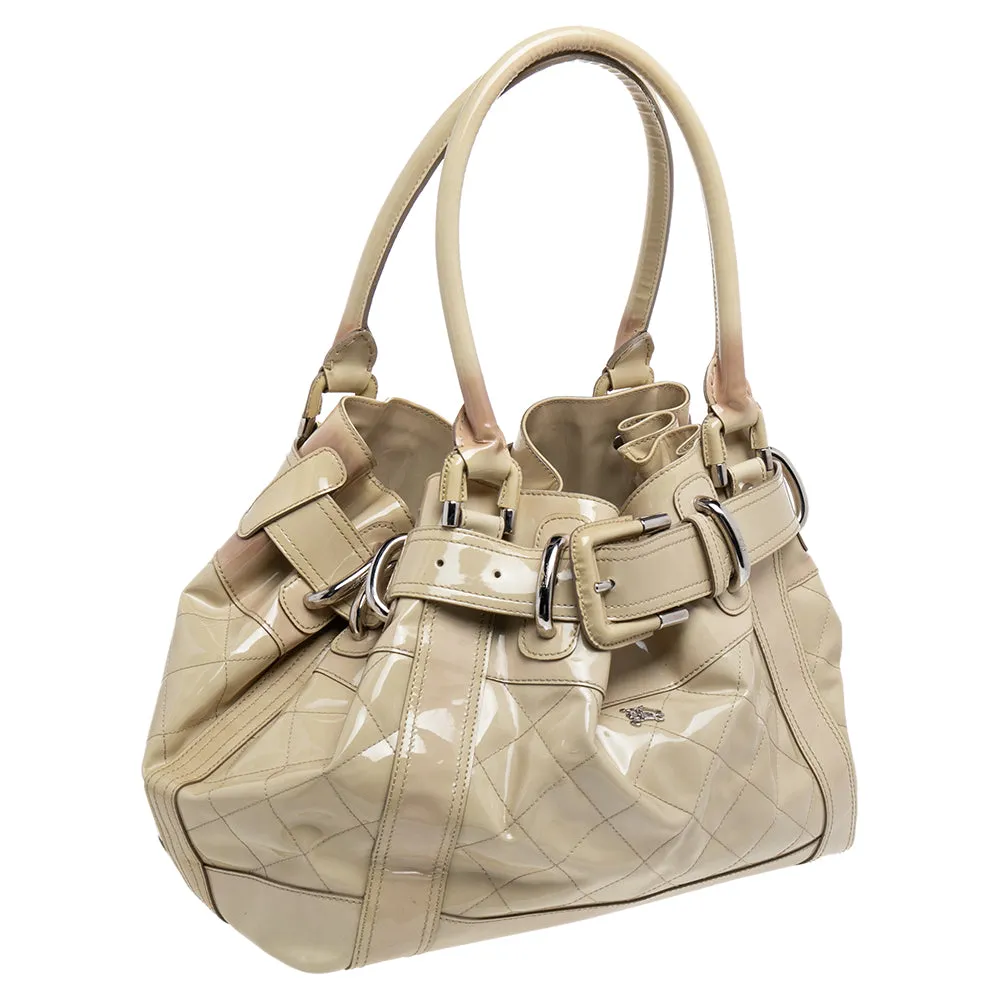 Trendy Inspired Burberry Cream Quilted Patent Leather Beaton Tote