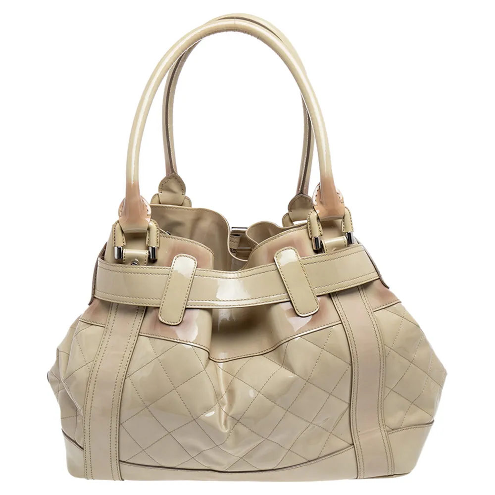 Trendy Inspired Burberry Cream Quilted Patent Leather Beaton Tote