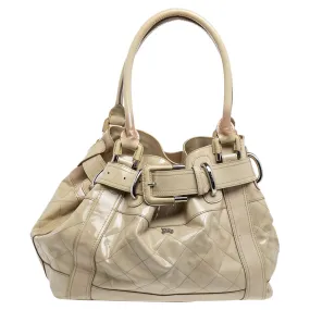 Trendy Inspired Burberry Cream Quilted Patent Leather Beaton Tote