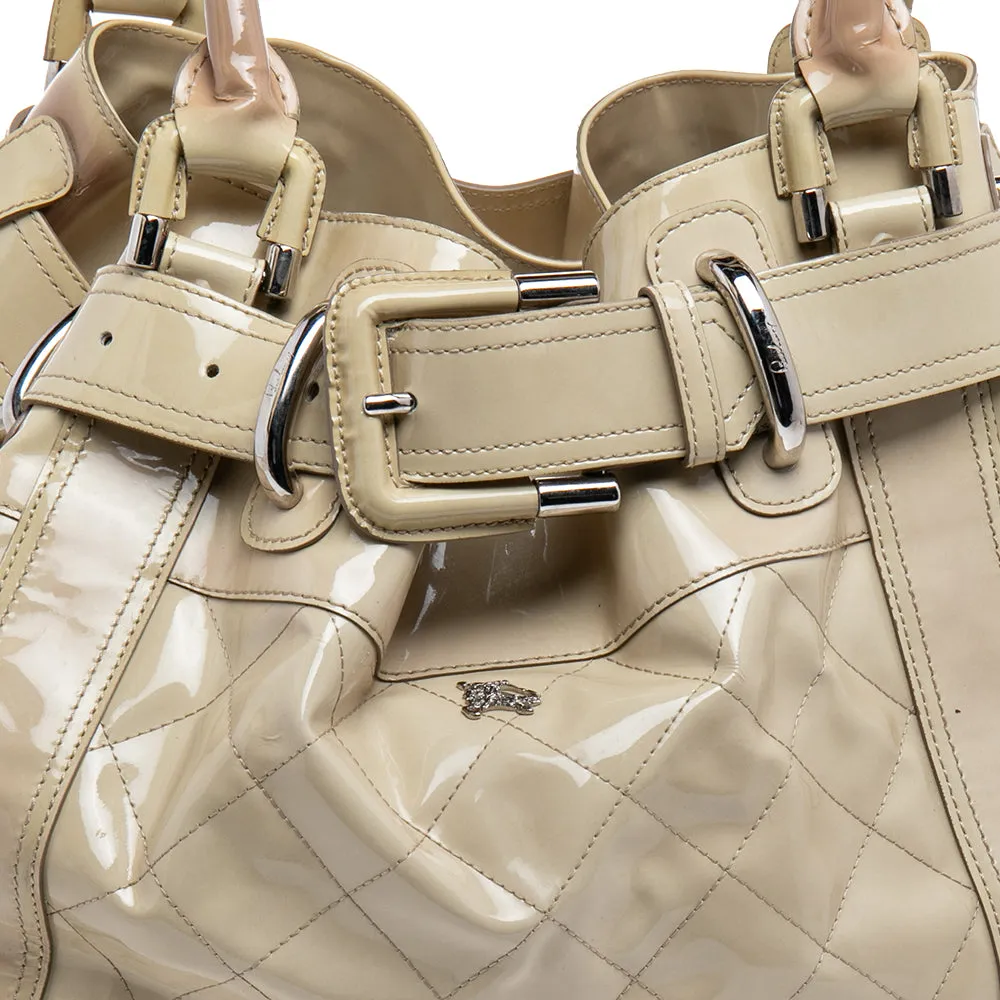 Trendy Inspired Burberry Cream Quilted Patent Leather Beaton Tote