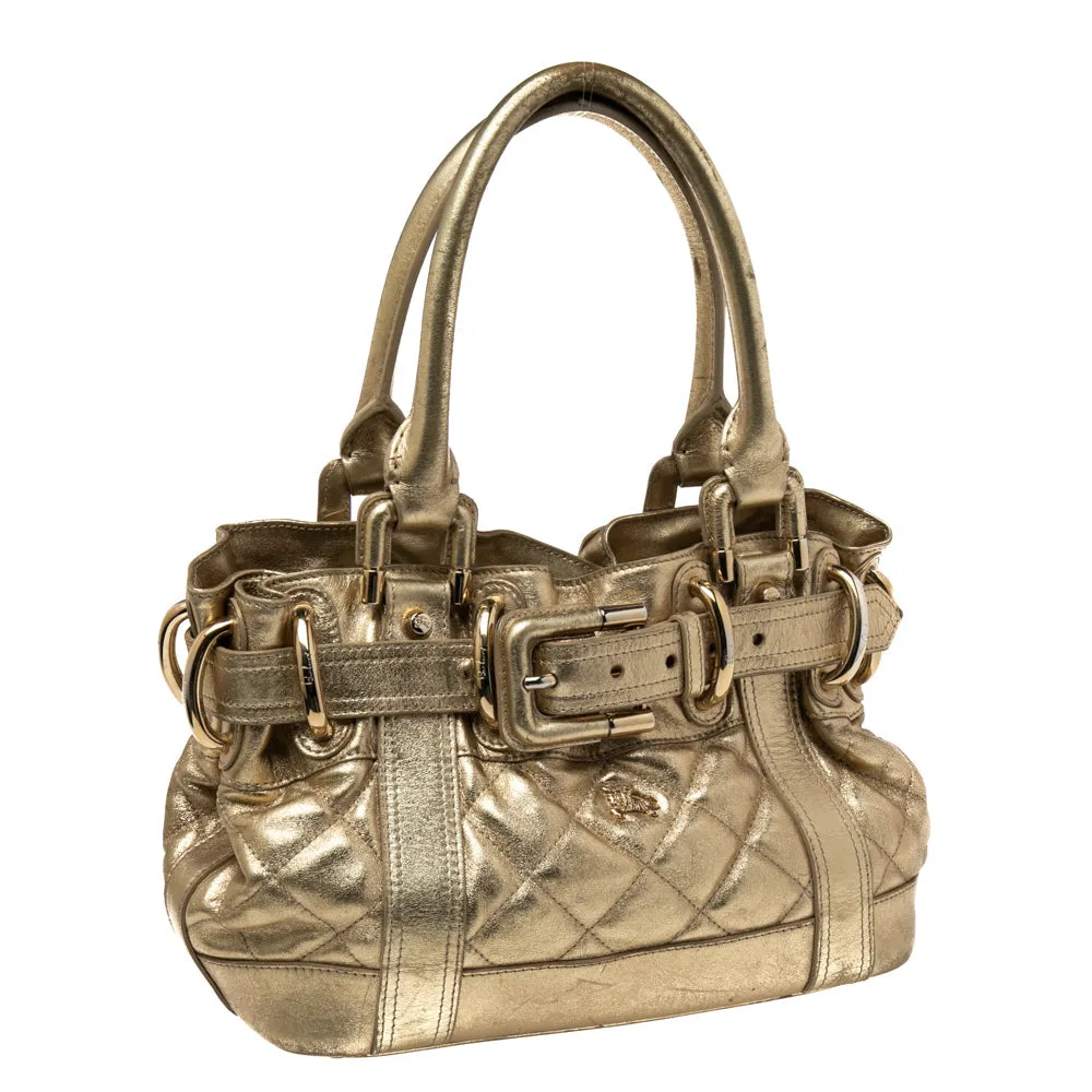 Trendy Inspired Burberry Metallic Gold Quilted Patent Leather Beaton Tote