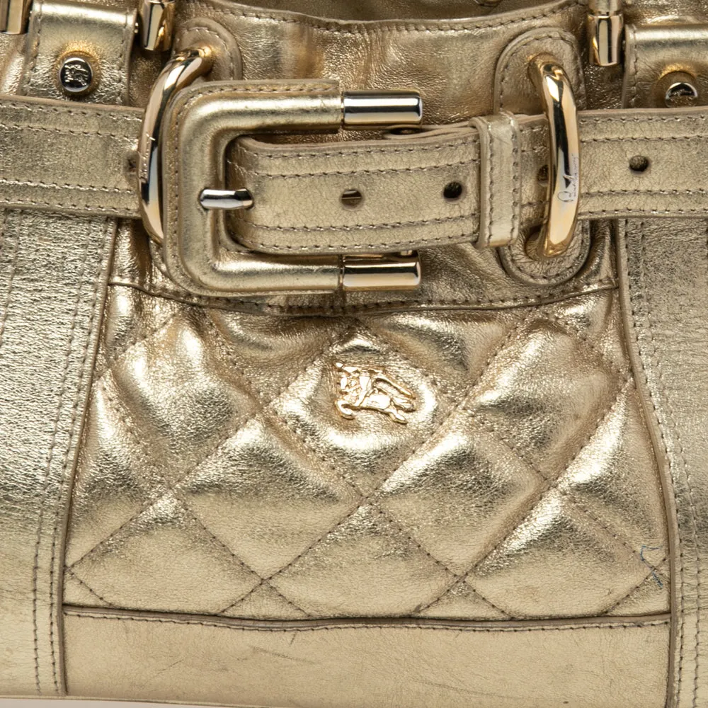 Trendy Inspired Burberry Metallic Gold Quilted Patent Leather Beaton Tote