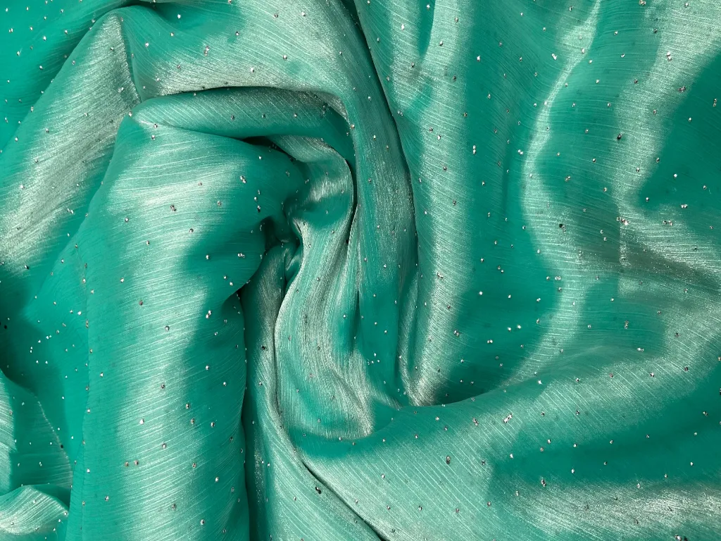 Turquoise Green Dual Shade Burberry Stone Polyester Silk Fabric