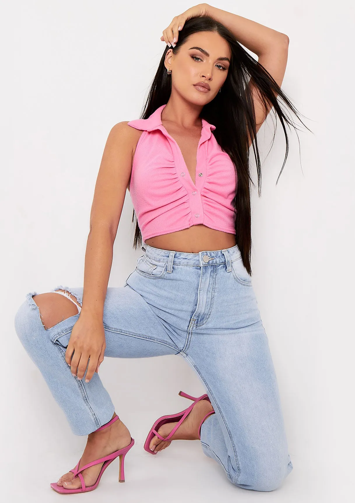 Vivian Pink Popper Brushed Ribbed Ruched Front Collar Crop Top