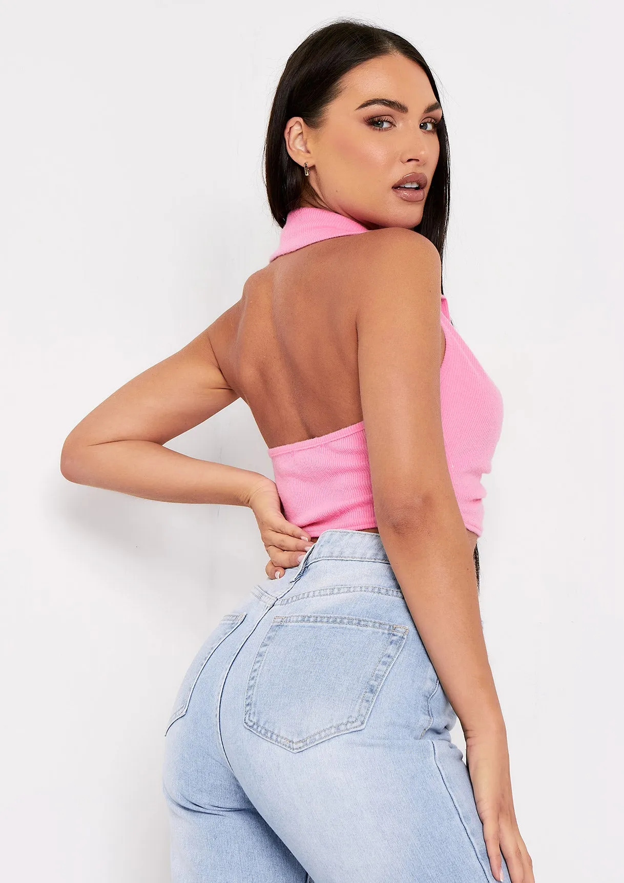 Vivian Pink Popper Brushed Ribbed Ruched Front Collar Crop Top