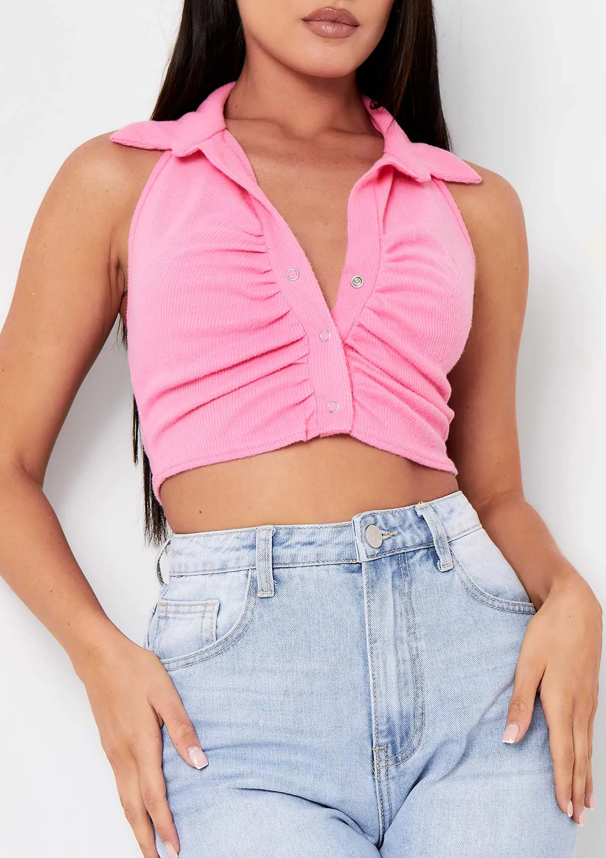 Vivian Pink Popper Brushed Ribbed Ruched Front Collar Crop Top