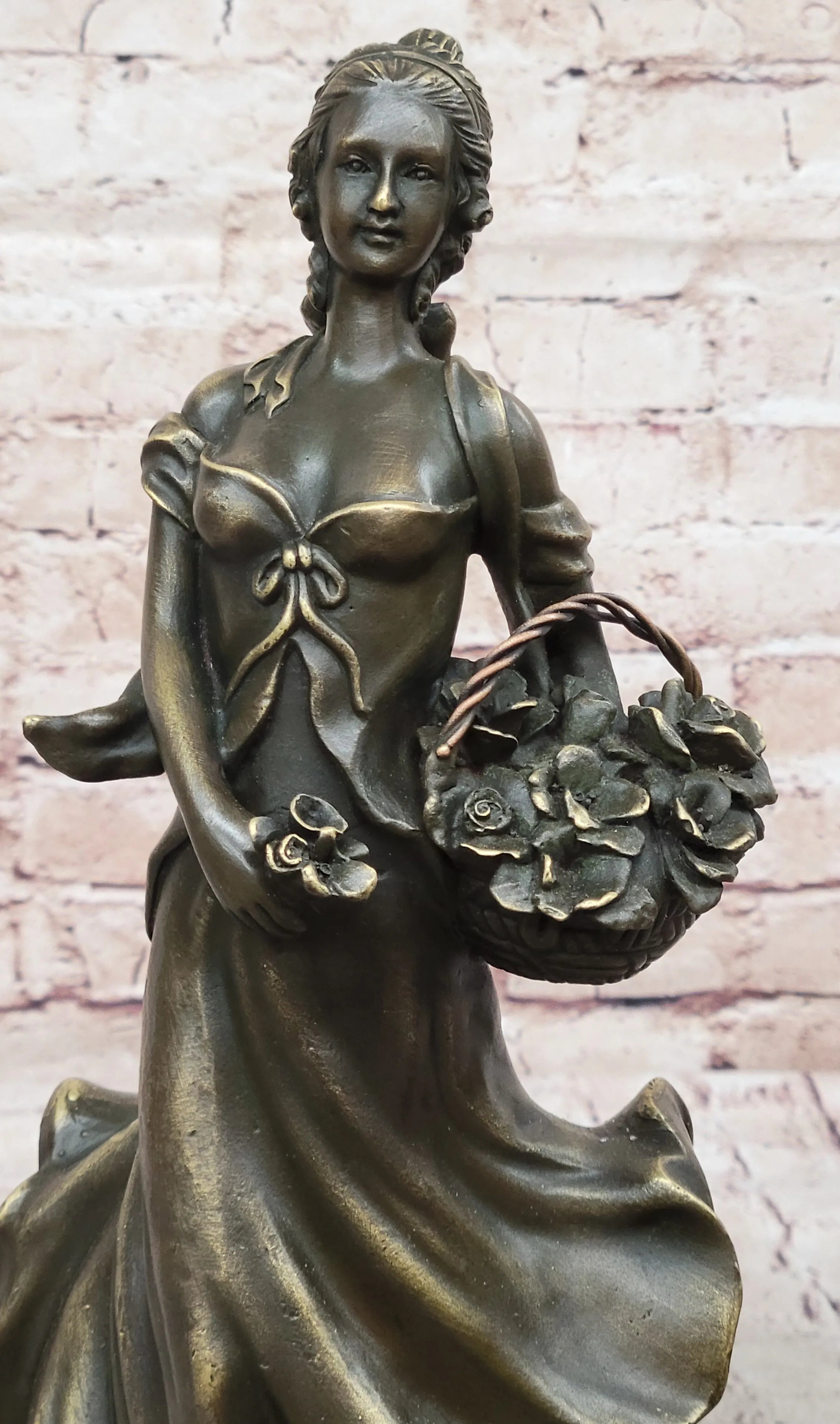 Young Woman Carrying Basket of Flowers - Bronze Metal Sculpture by Milo