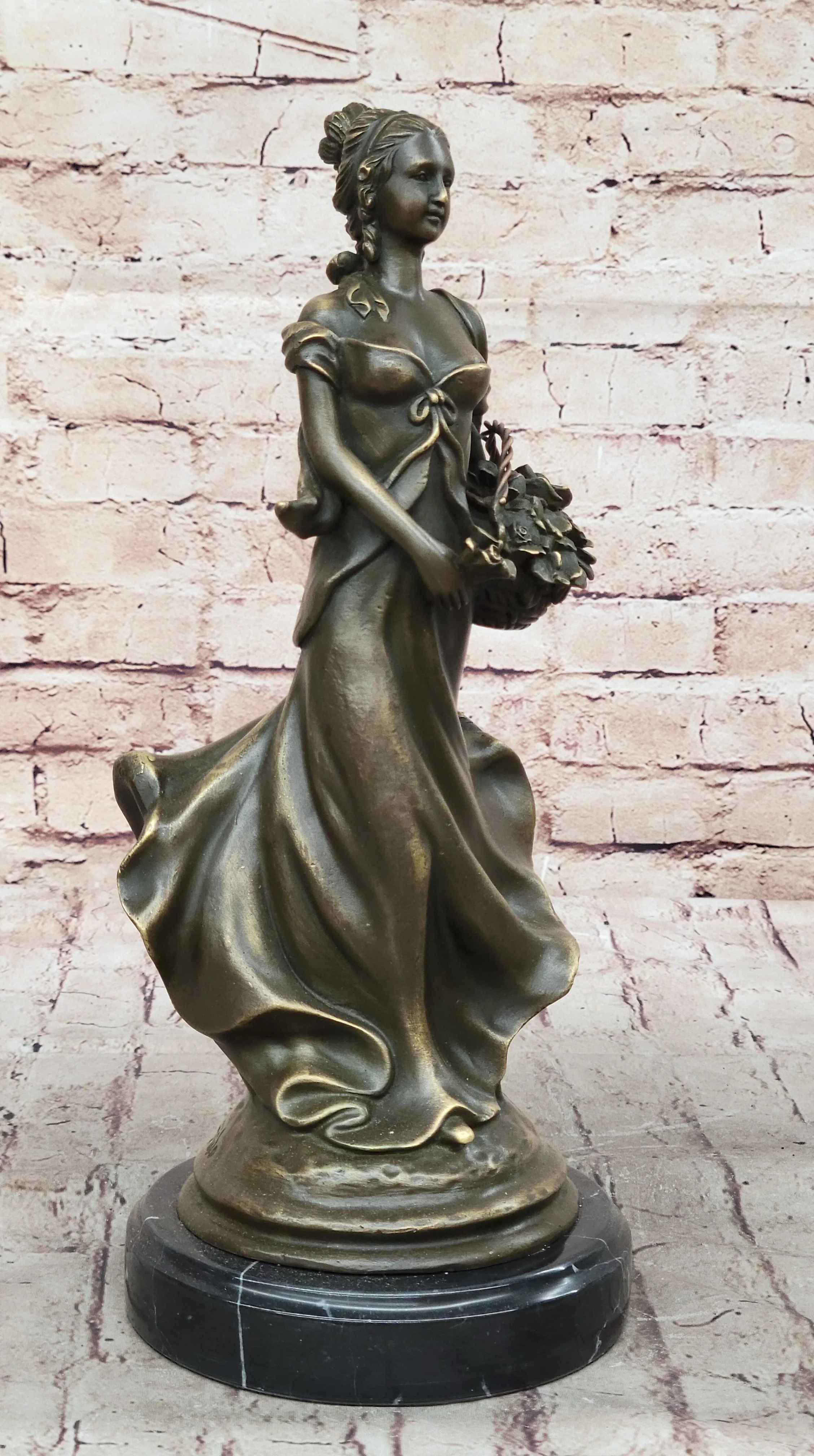 Young Woman Carrying Basket of Flowers - Bronze Metal Sculpture by Milo