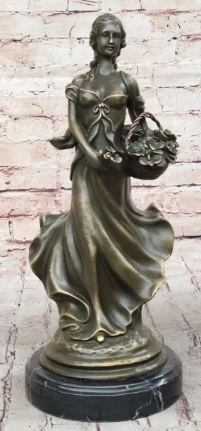 Young Woman Carrying Basket of Flowers - Bronze Metal Sculpture by Milo