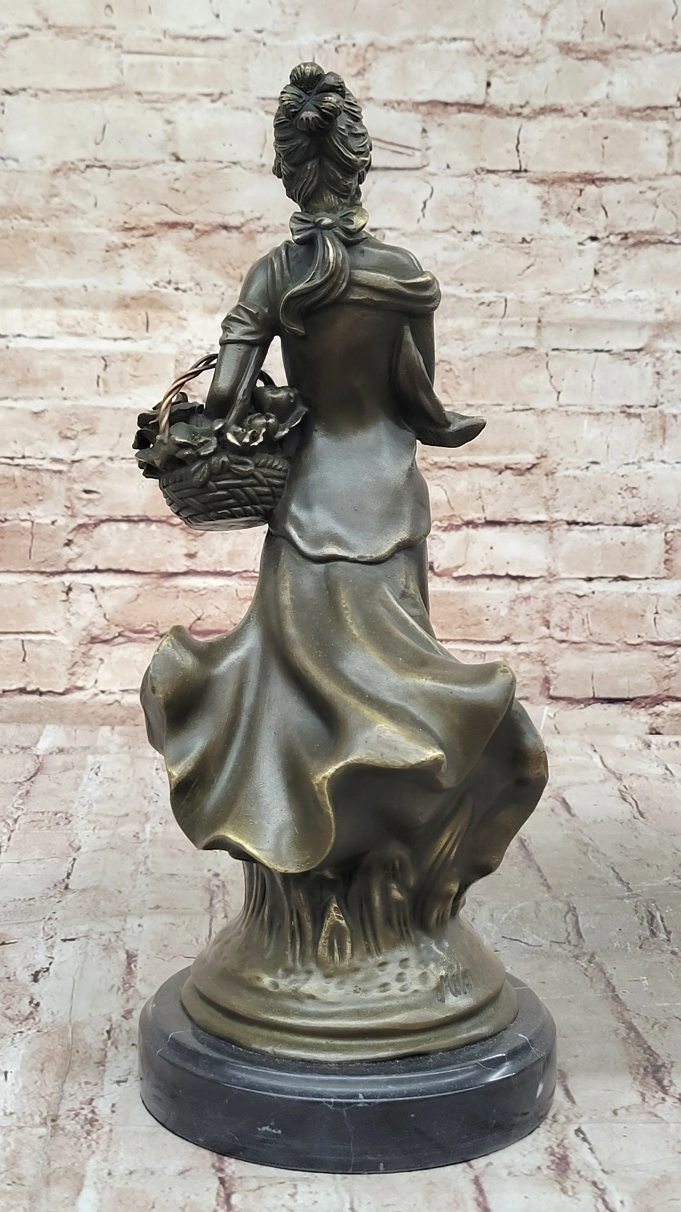 Young Woman Carrying Basket of Flowers - Bronze Metal Sculpture by Milo